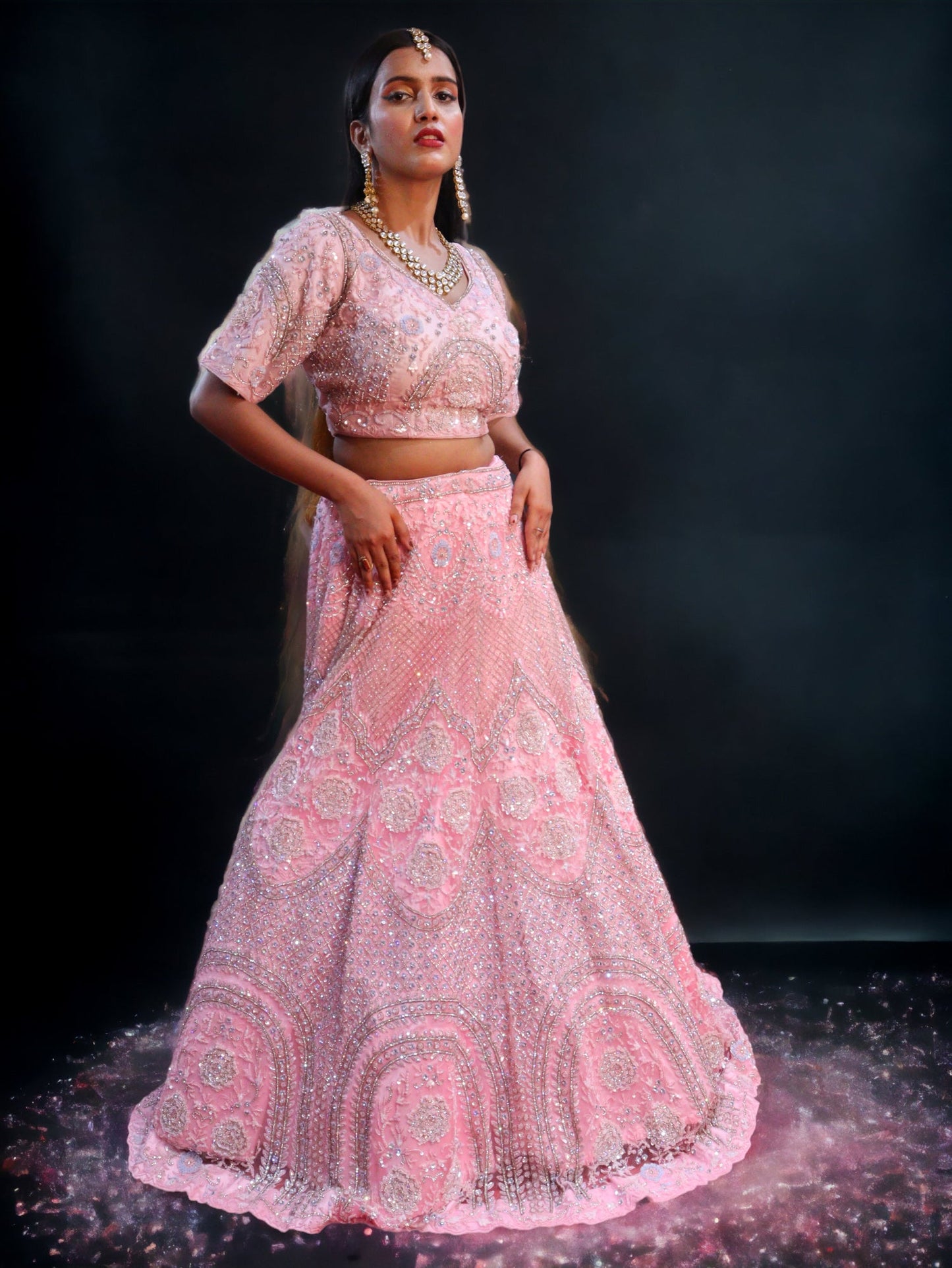 Baby Pink Raw Silk Hand Embroidered Pearl Sequence Bridal Lehenga