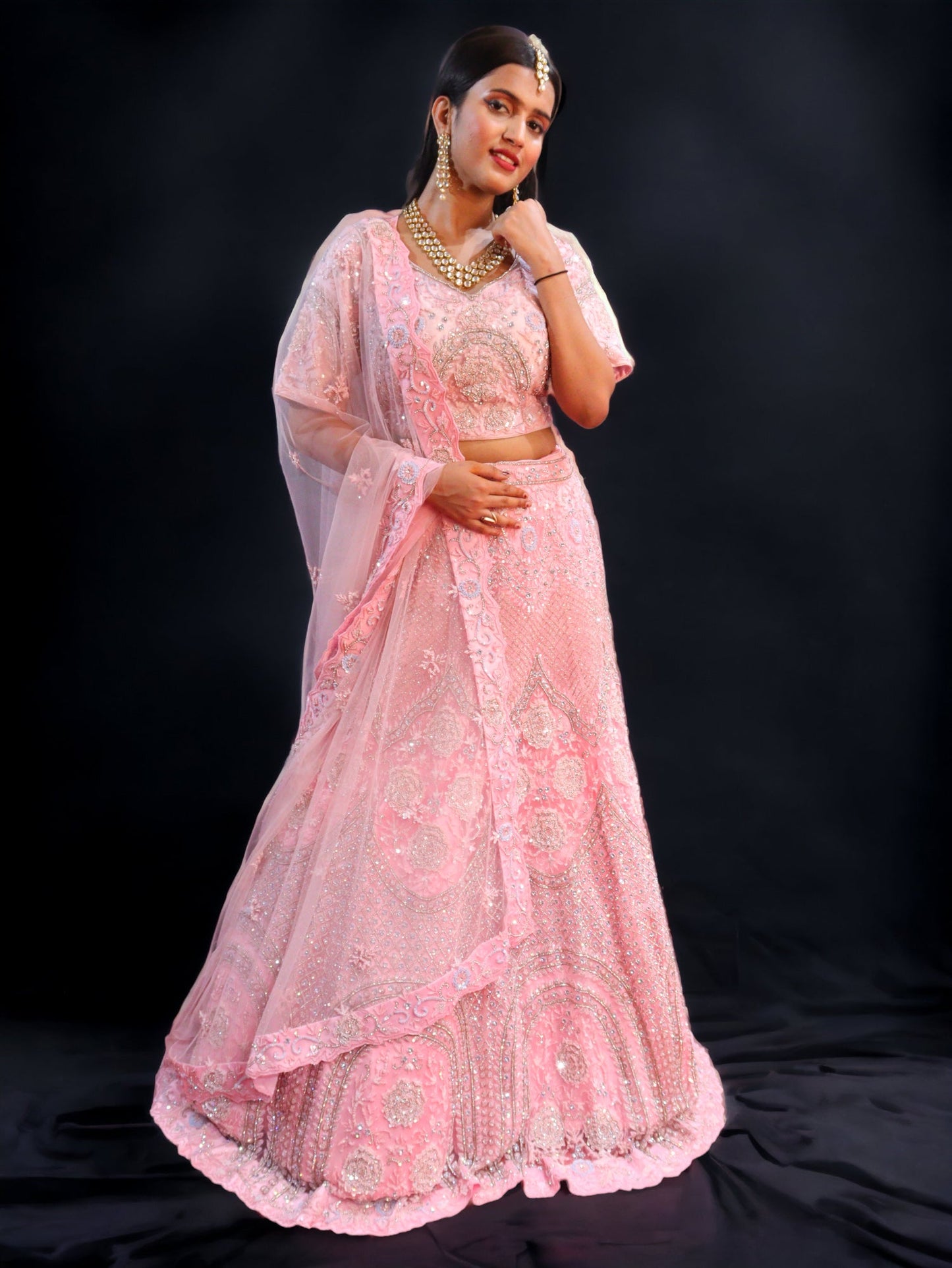 Baby Pink Raw Silk Hand Embroidered Pearl Sequence Bridal Lehenga