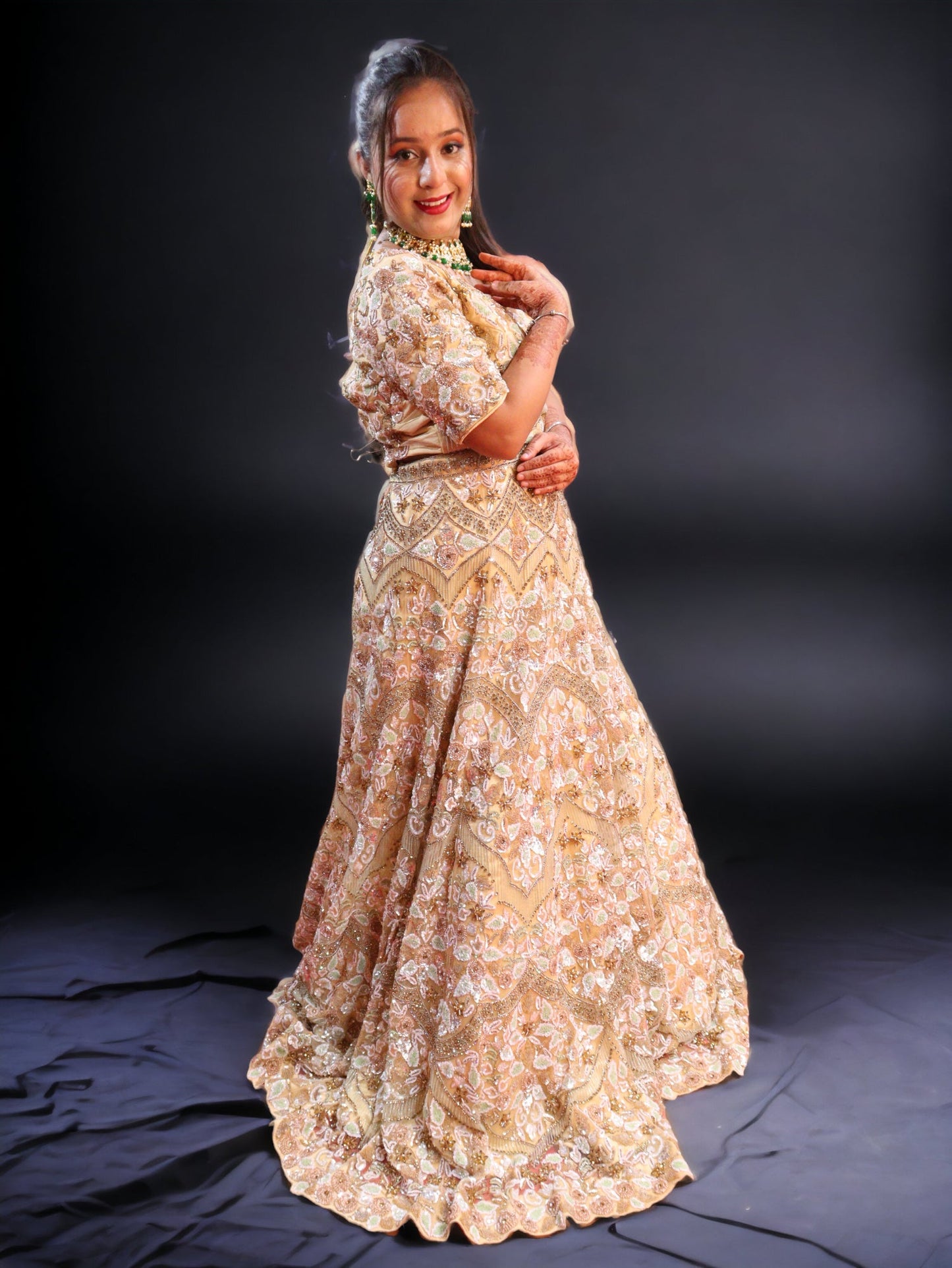 Golden Raw Silk Hand Embroidered Crystal Zircon Bridal Lehenga