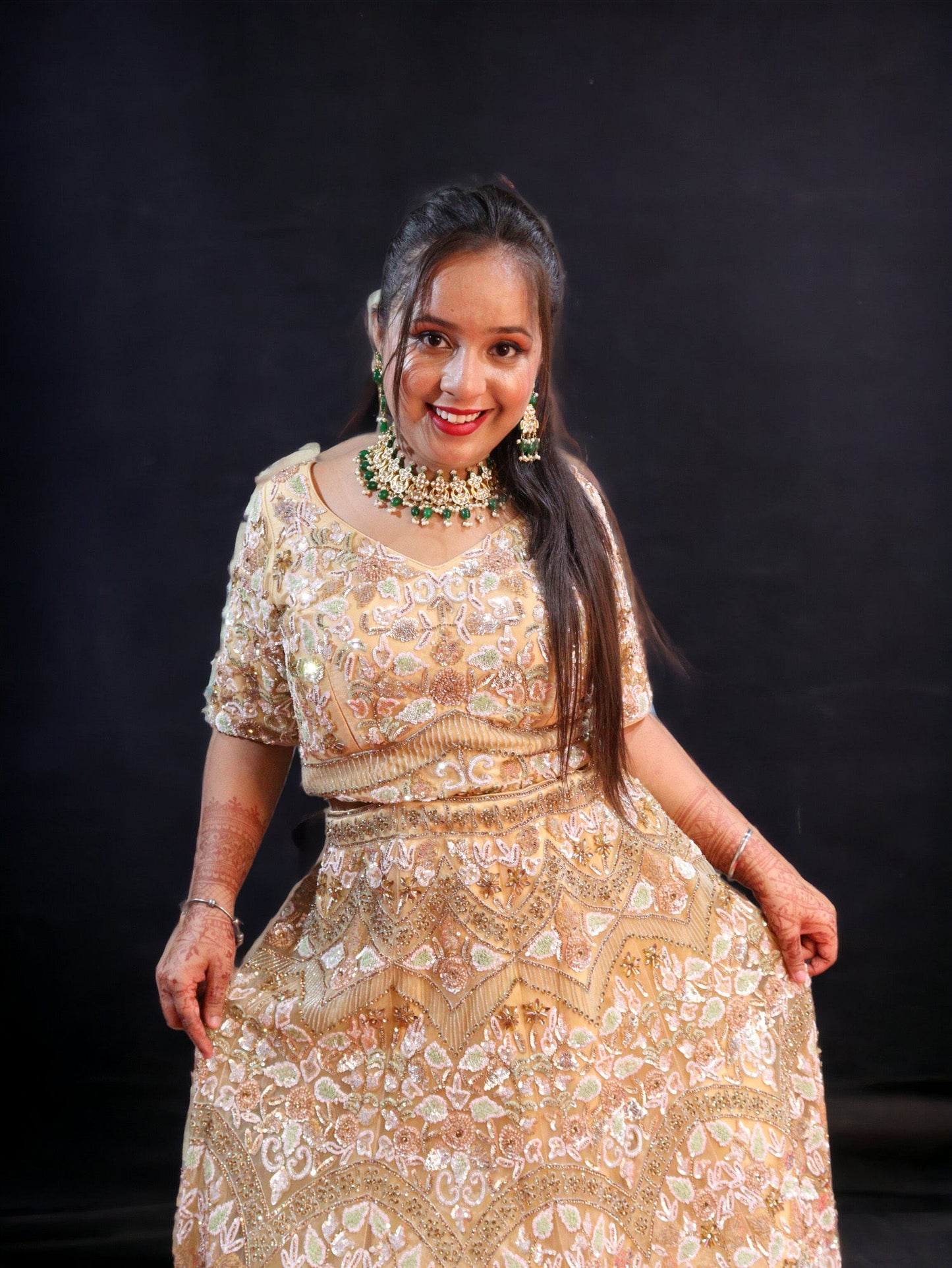 Golden Raw Silk Hand Embroidered Crystal Zircon Bridal Lehenga