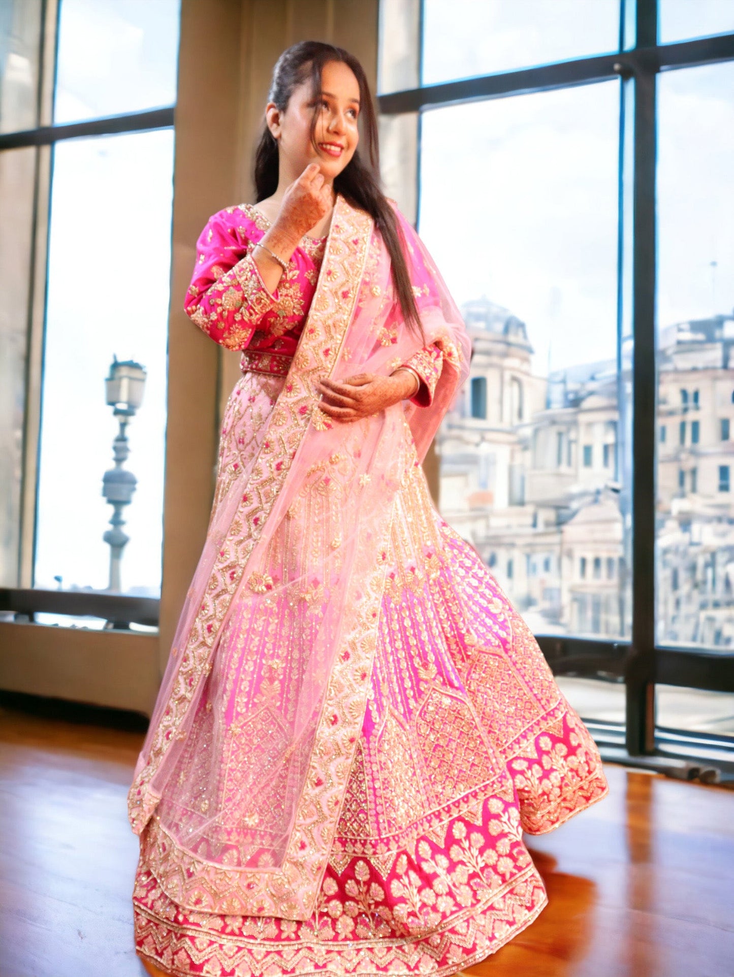 Pink Raw Silk Hand Embroidered Ombre Bridal Lehenga