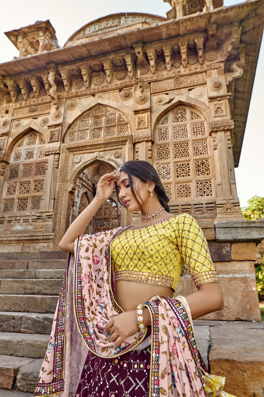 Purple and Yellow Color Thread Work Georgette Lehenga