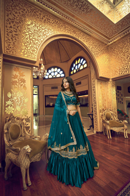 Gorgeous Rama Blue Lino Silk Sangeet Lehenga