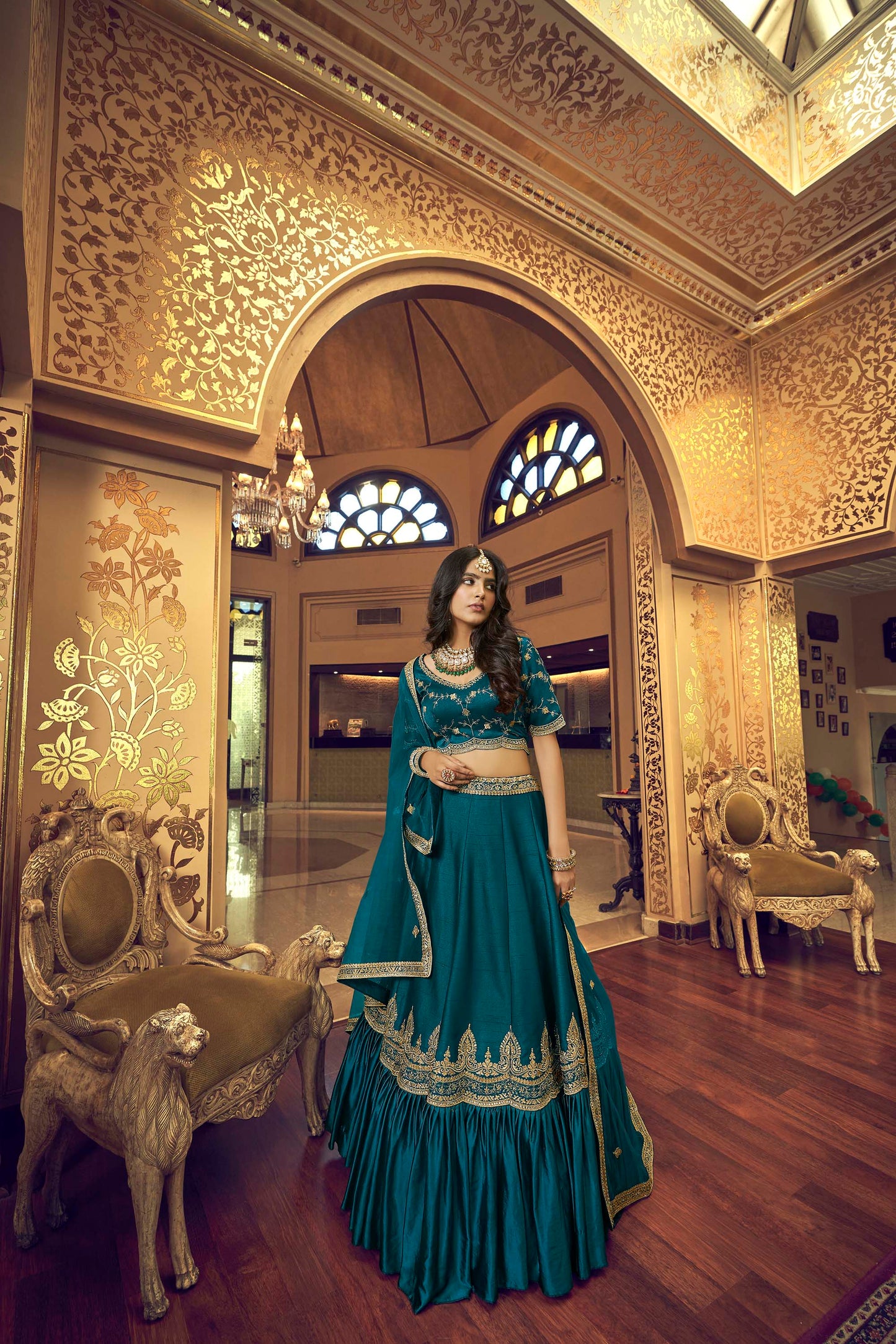 Gorgeous Rama Blue Lino Silk Sangeet Lehenga