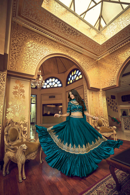 Gorgeous Rama Blue Lino Silk Sangeet Lehenga