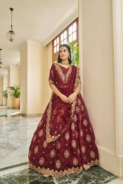 Maroon Organza Sequins Work Bridesmaid Lehenga