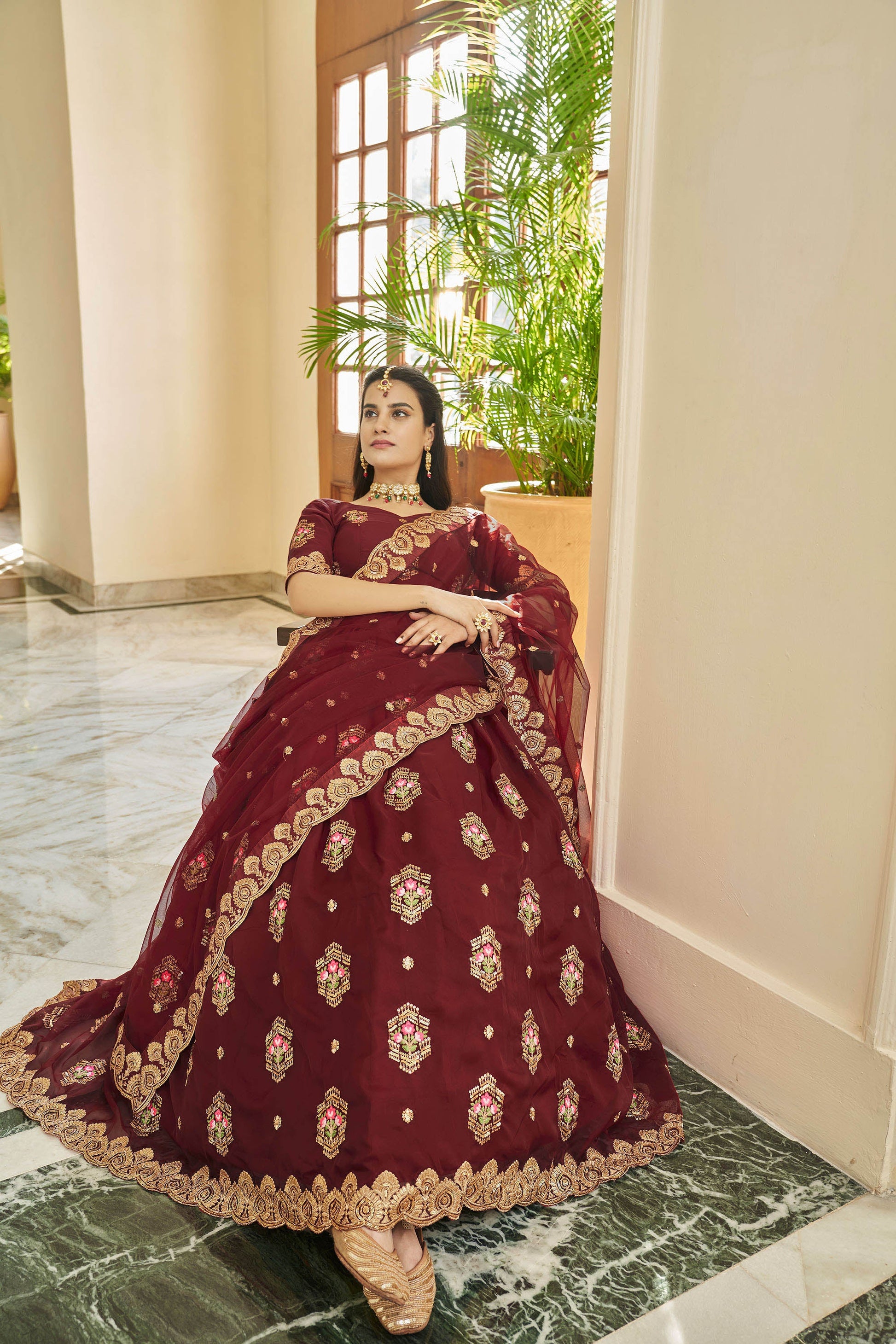 Maroon Organza Sequins Work Bridesmaid Lehenga