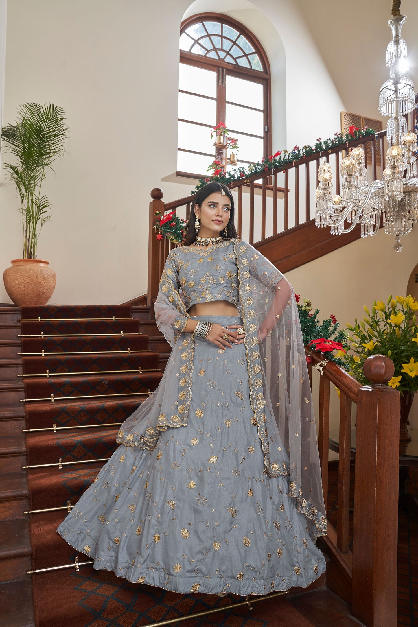 Grey Art Silk Zari Embroidery Lehenga