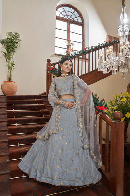 Grey Art Silk Zari Embroidery Lehenga