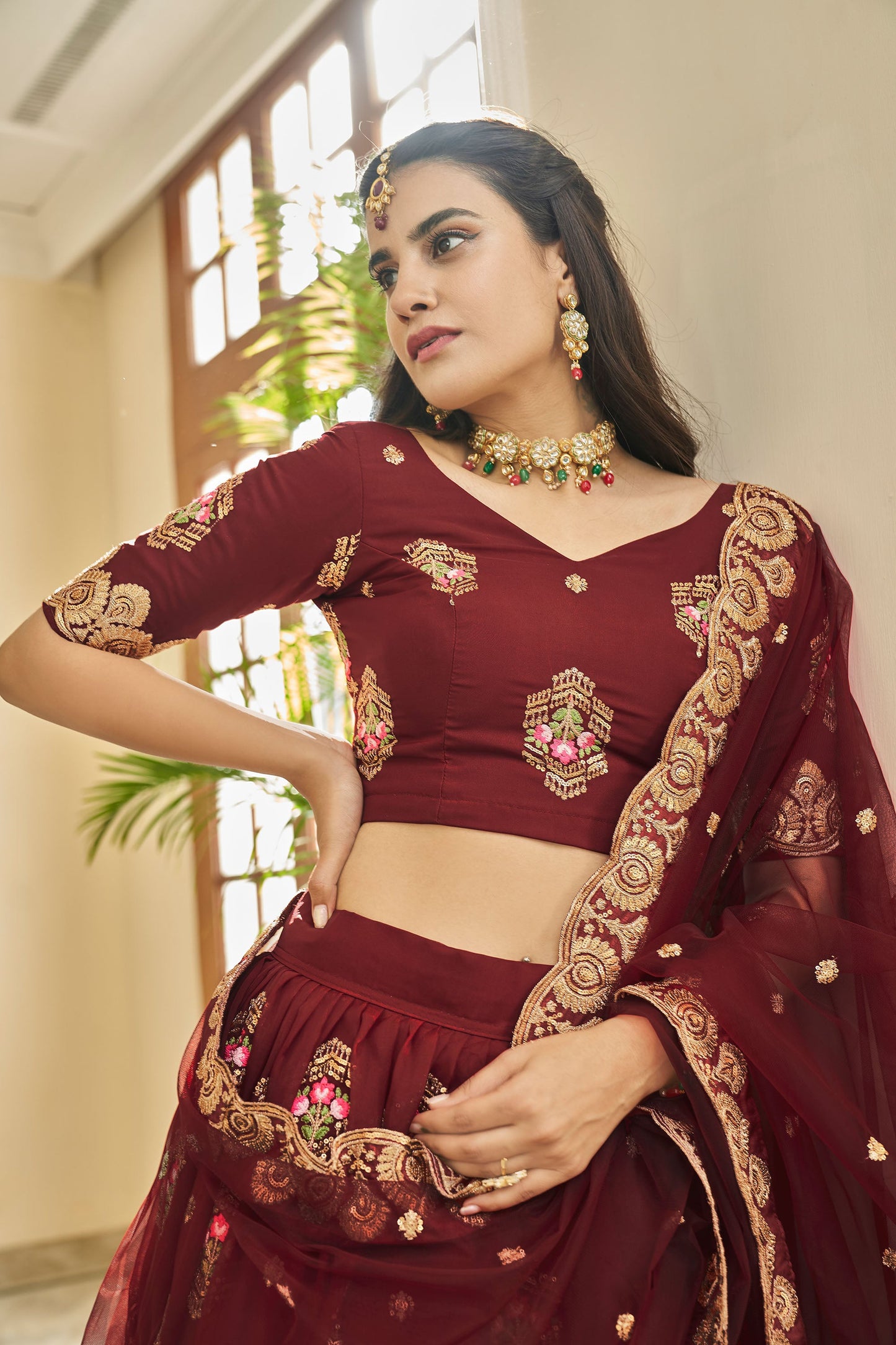 Maroon Organza Sequins Work Bridesmaid Lehenga