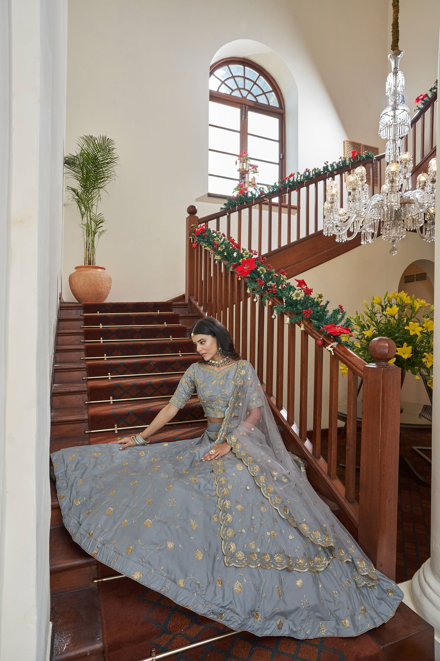 Grey Art Silk Zari Embroidery Lehenga