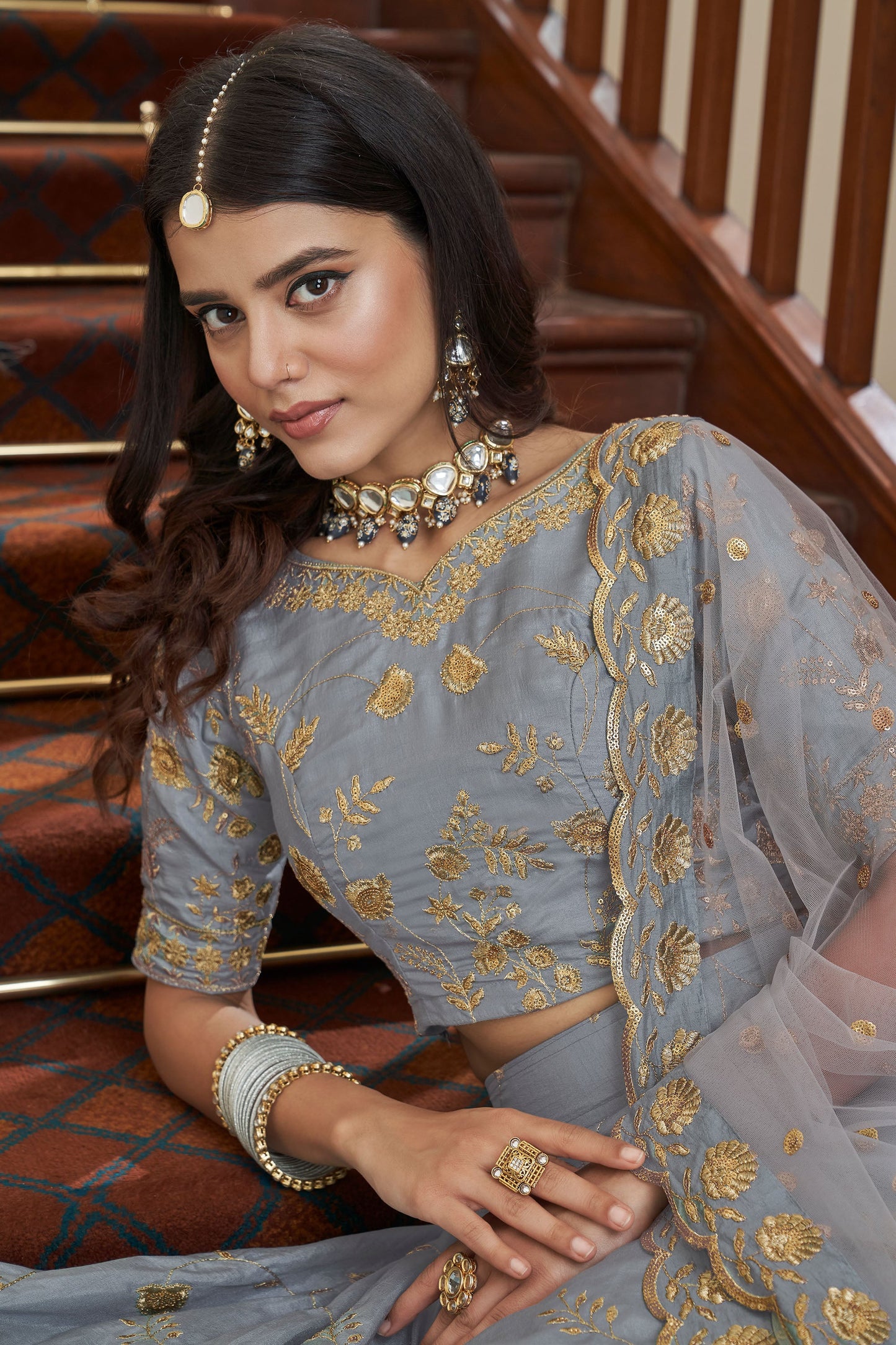 Grey Art Silk Zari Embroidery Lehenga