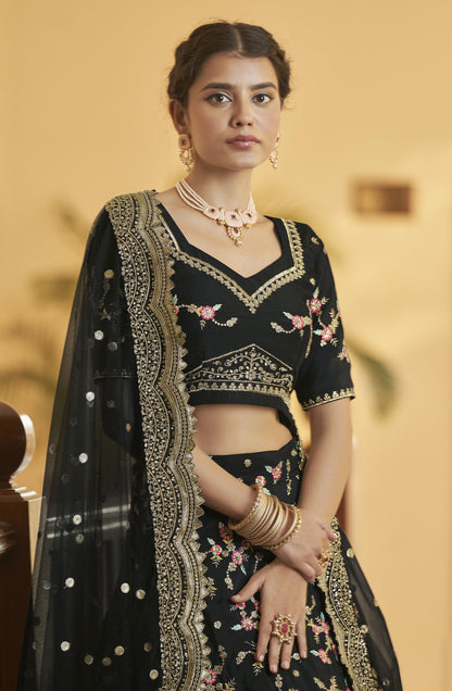 Black Chinnon Silk Sequins Work Engagement Lehenga