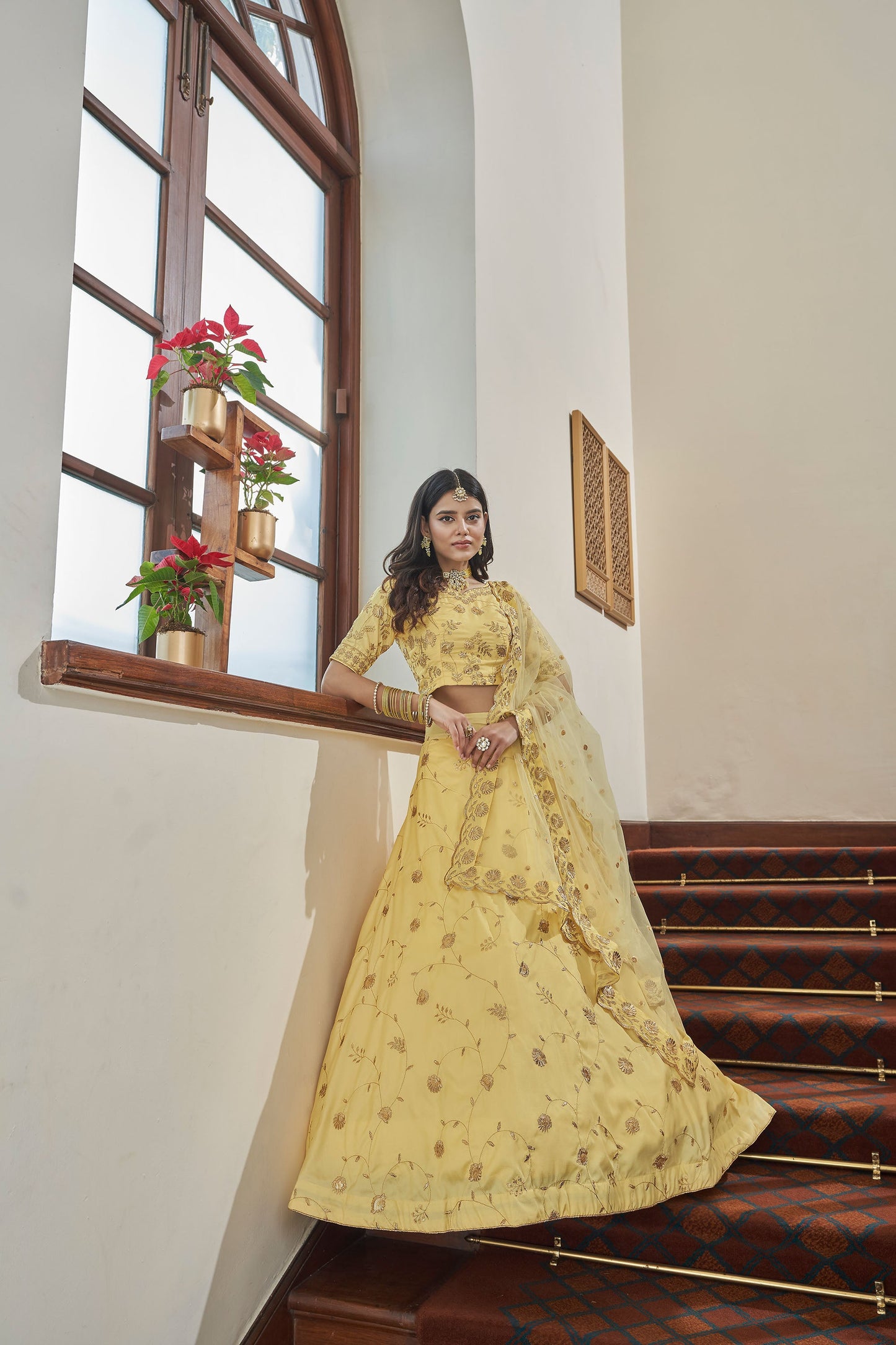 Light Yellow Art Silk Zari Embroidery Lehenga