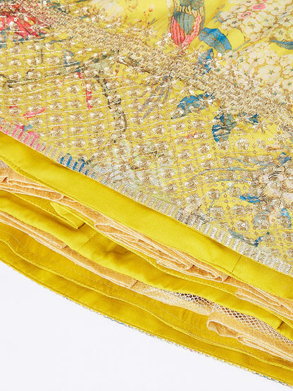 Mustard colour Organza Floral design digital print Lehenga