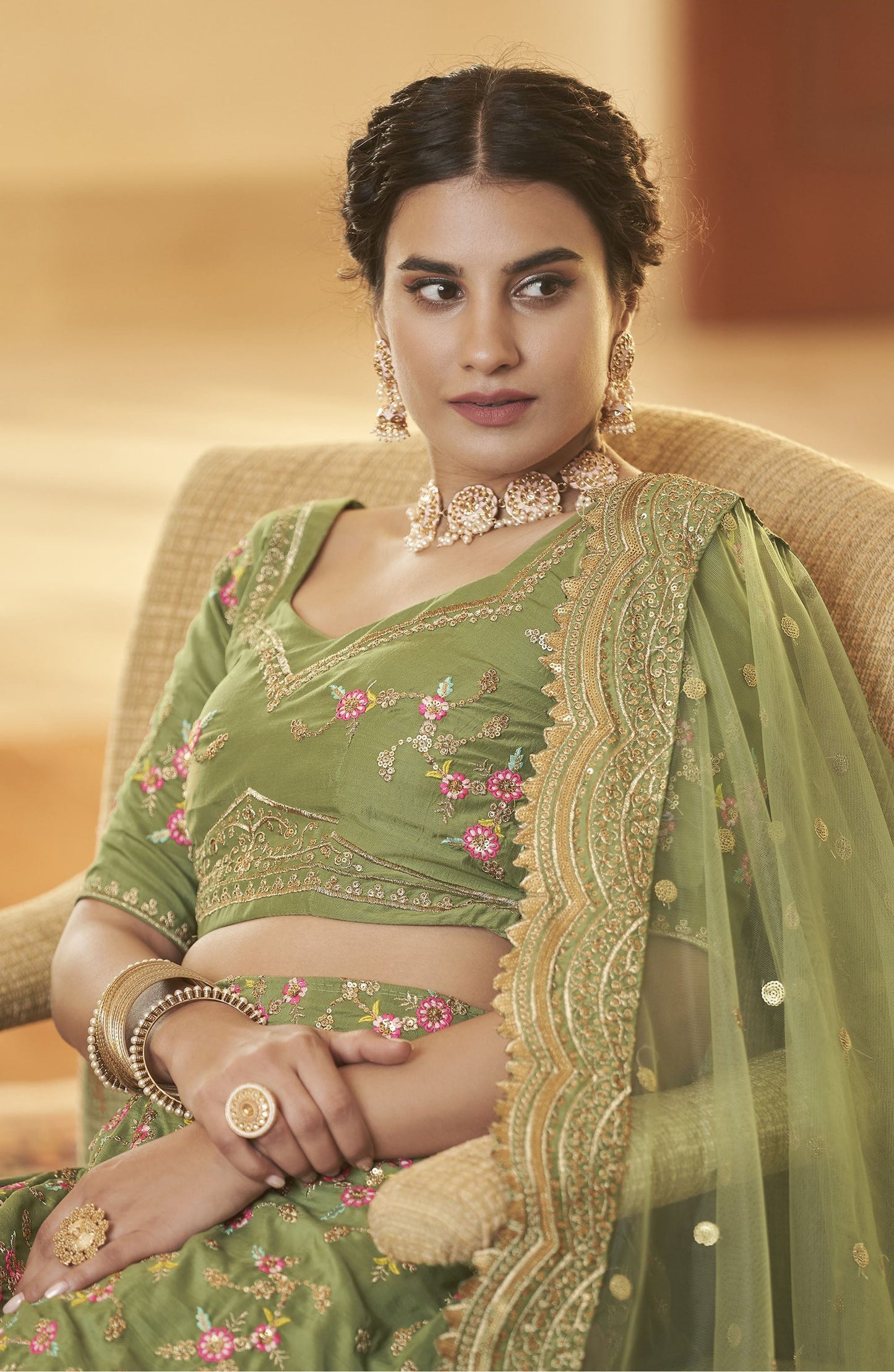 Green Chinnon Silk Sequins Work Engagement Lehenga