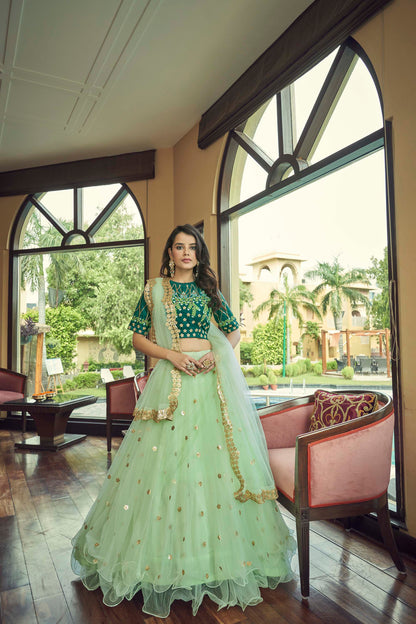 Pista Green Soft Net Lehenga for Mehendi AH1901