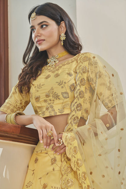 Light Yellow Art Silk Zari Embroidery Lehenga