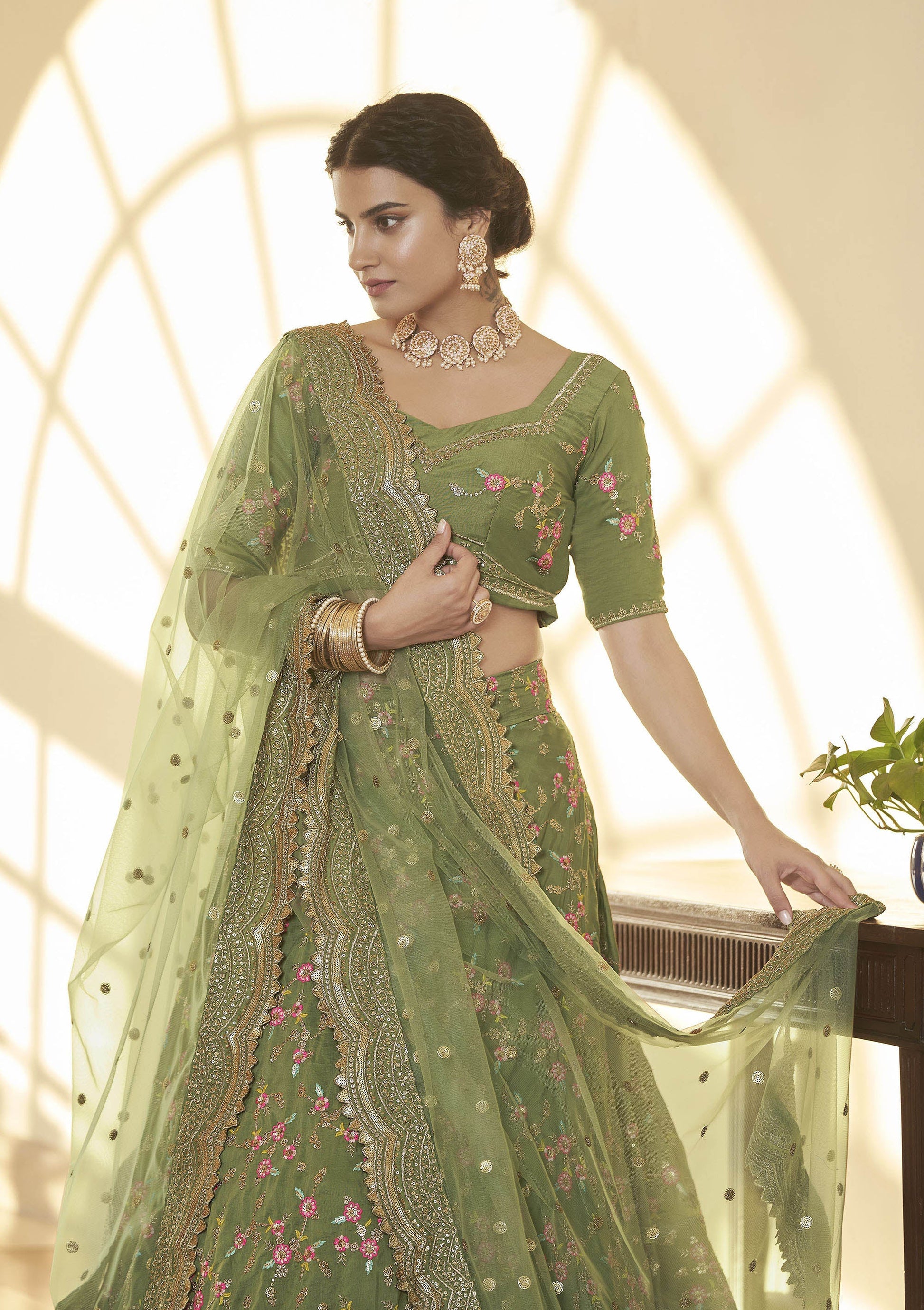 Green Chinnon Silk Sequins Work Engagement Lehenga