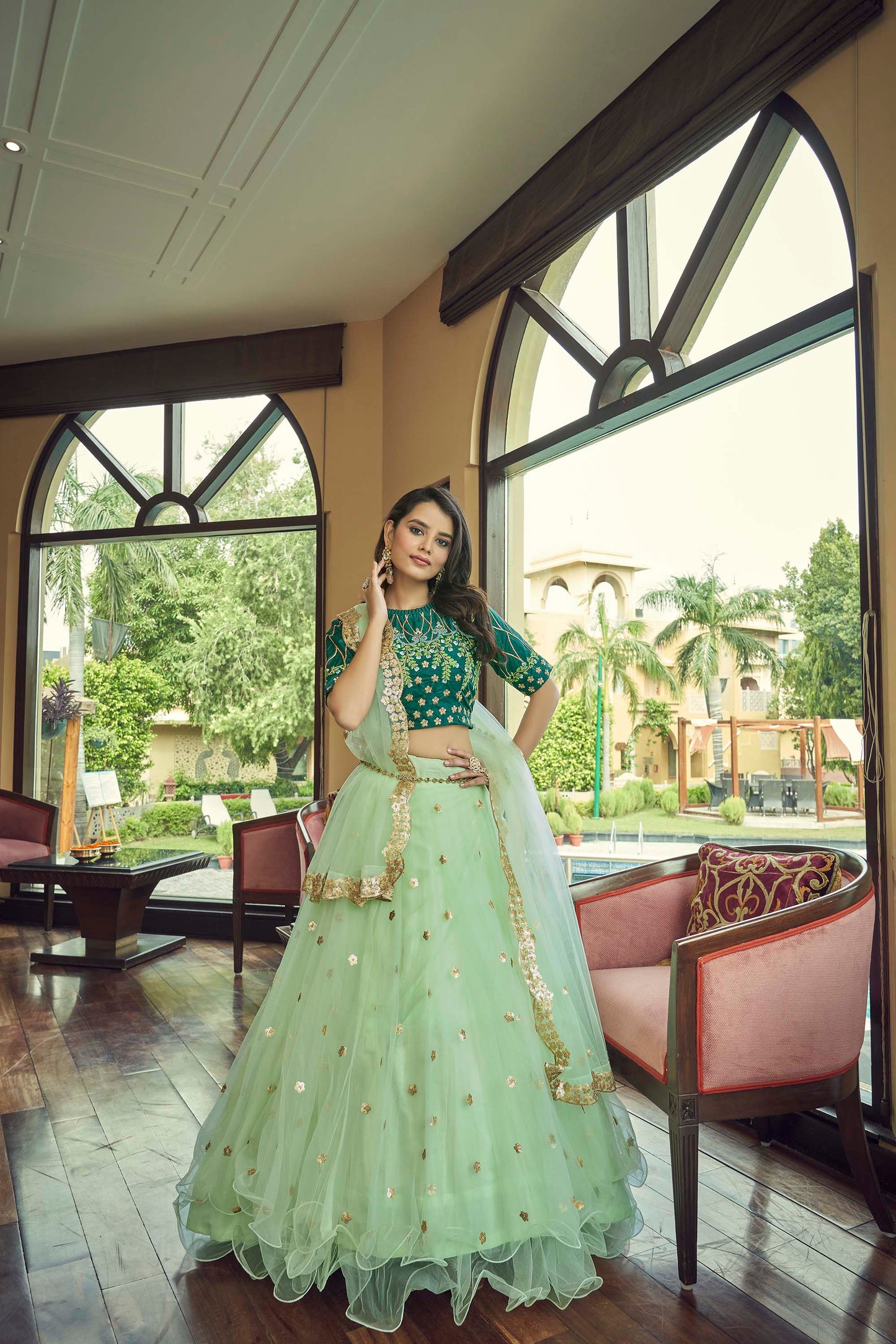 Pista Green Soft Net Lehenga for Mehendi AH1901