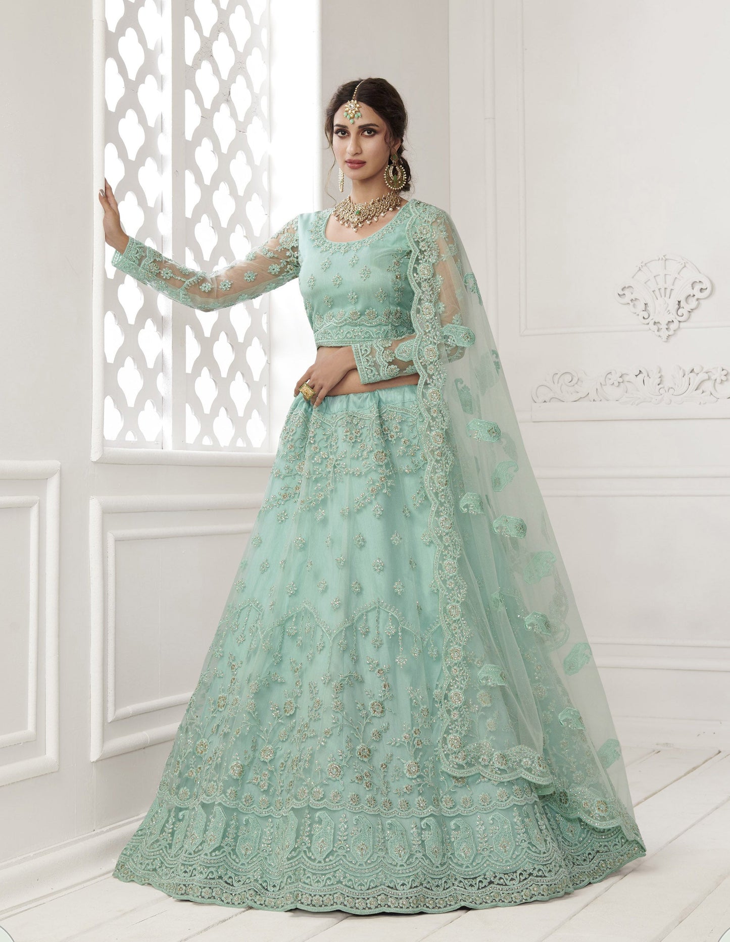 Turquoise Blue Heavy Embroidery Net Bridesmaid Lehenga