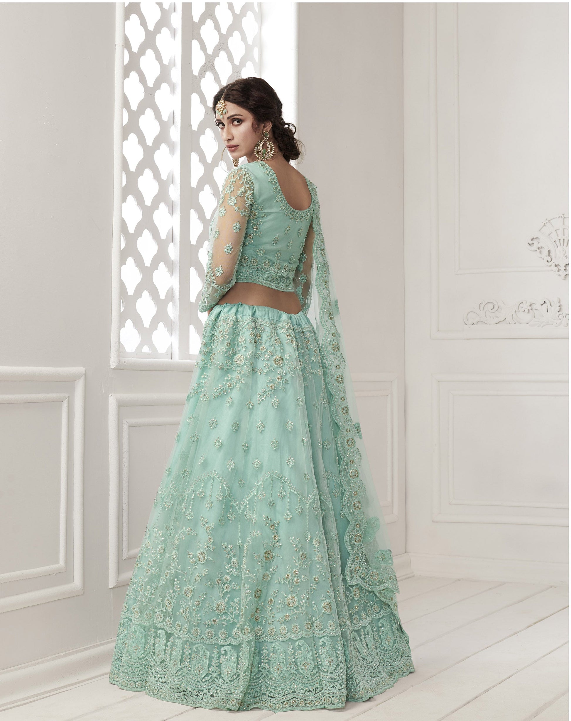 Turquoise Blue Heavy Embroidery Net Bridesmaid Lehenga