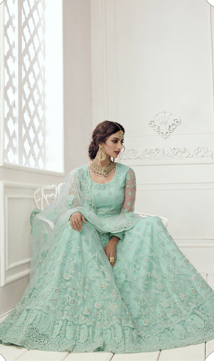 Turquoise Blue Heavy Embroidery Net Bridesmaid Lehenga