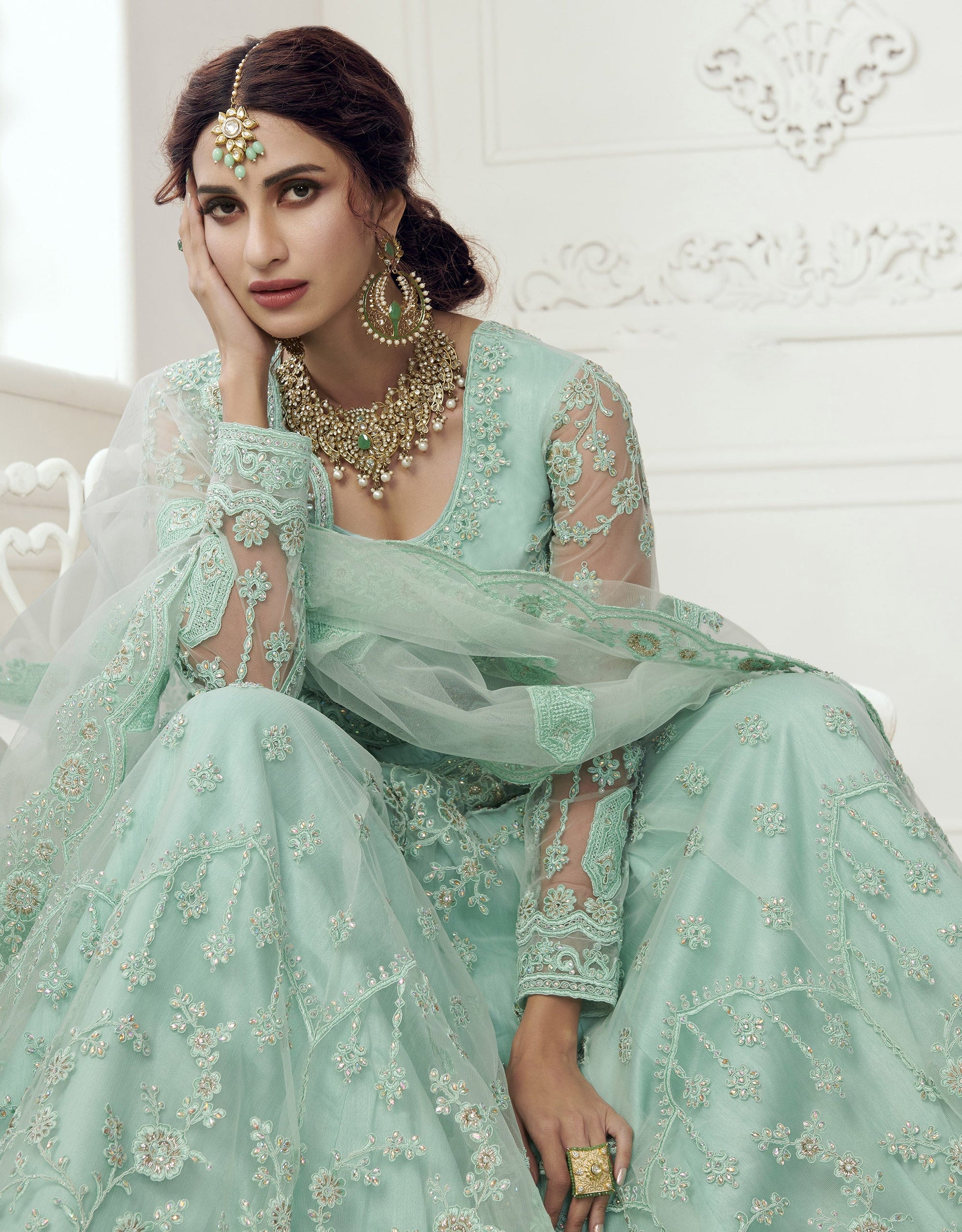 Turquoise Blue Heavy Embroidery Net Bridesmaid Lehenga