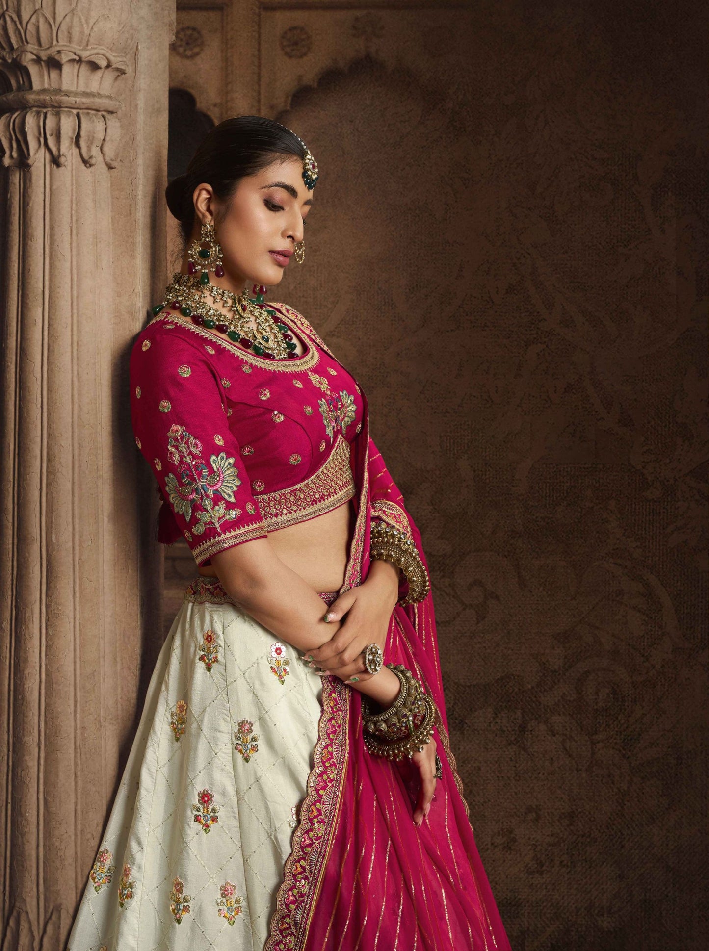 Pink and White Embroidery Work Bridal Wear Lehenga - Rent