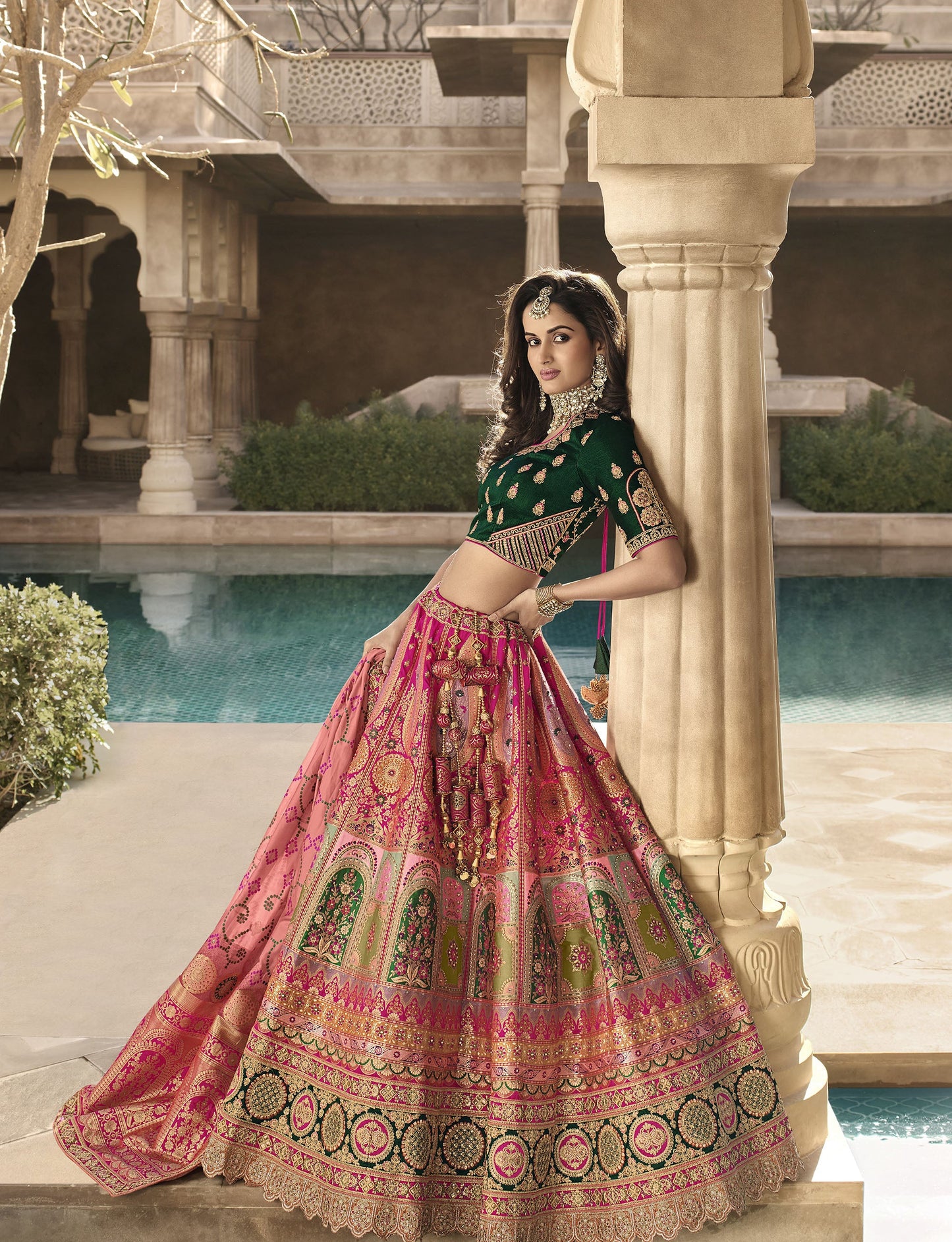 Pink and Green Color Zari Embroidered Bridal Lehenga