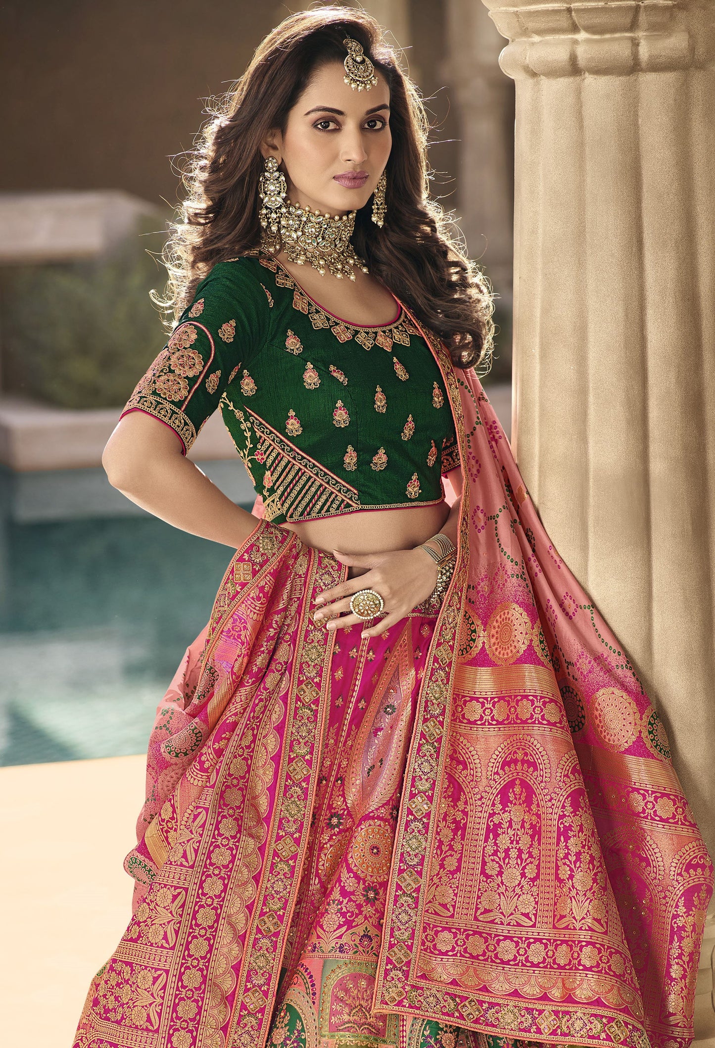 Pink and Green Color Zari Embroidered Bridal Lehenga