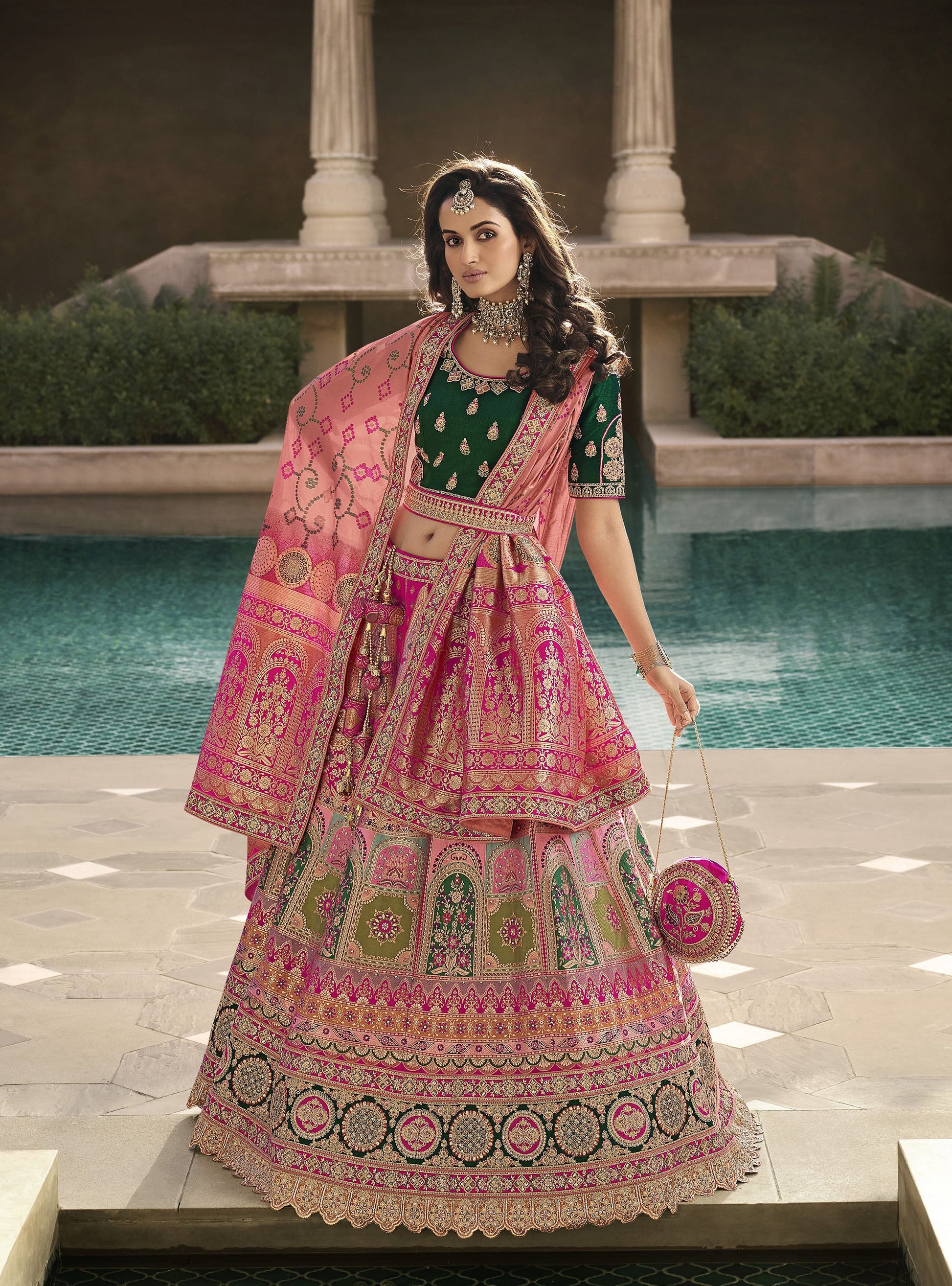 Pink and Green Color Zari Embroidered Bridal Lehenga