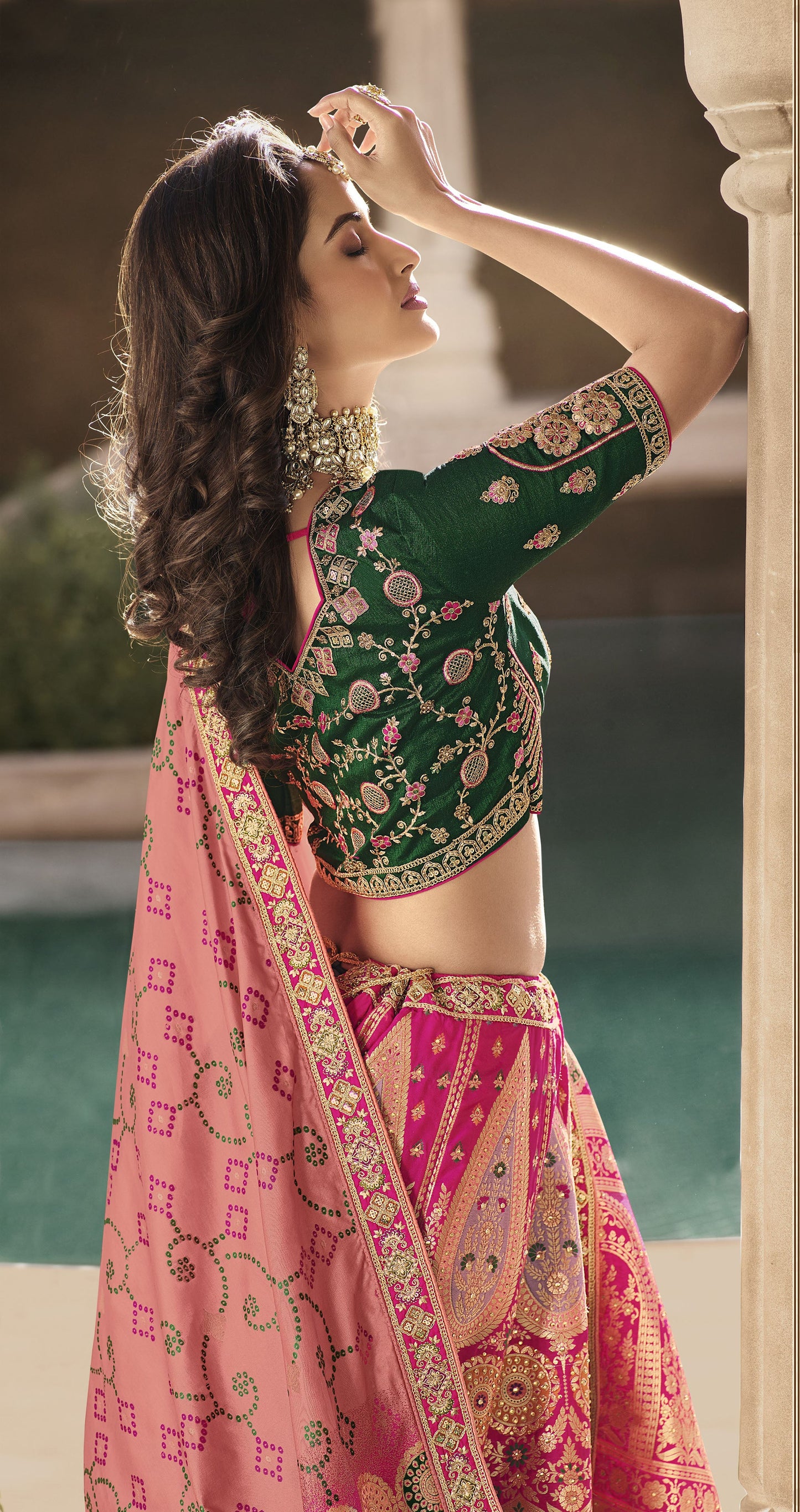 Pink and Green Color Zari Embroidered Bridal Lehenga