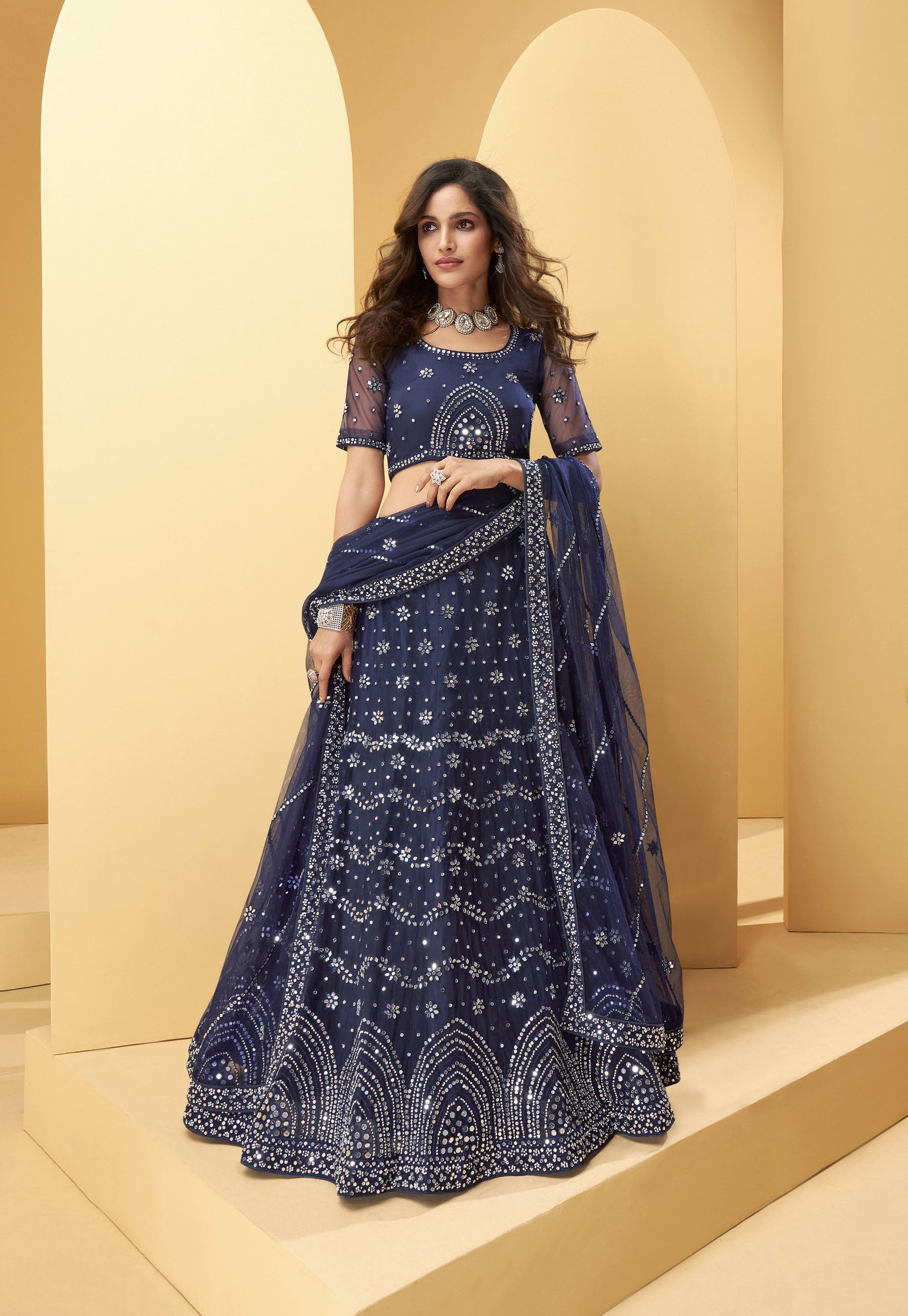 Blue Color Mirror Embroidered Net Lehenga