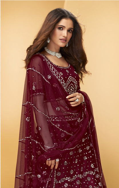 Maroon Color Mirror Embroidered Net Lehenga