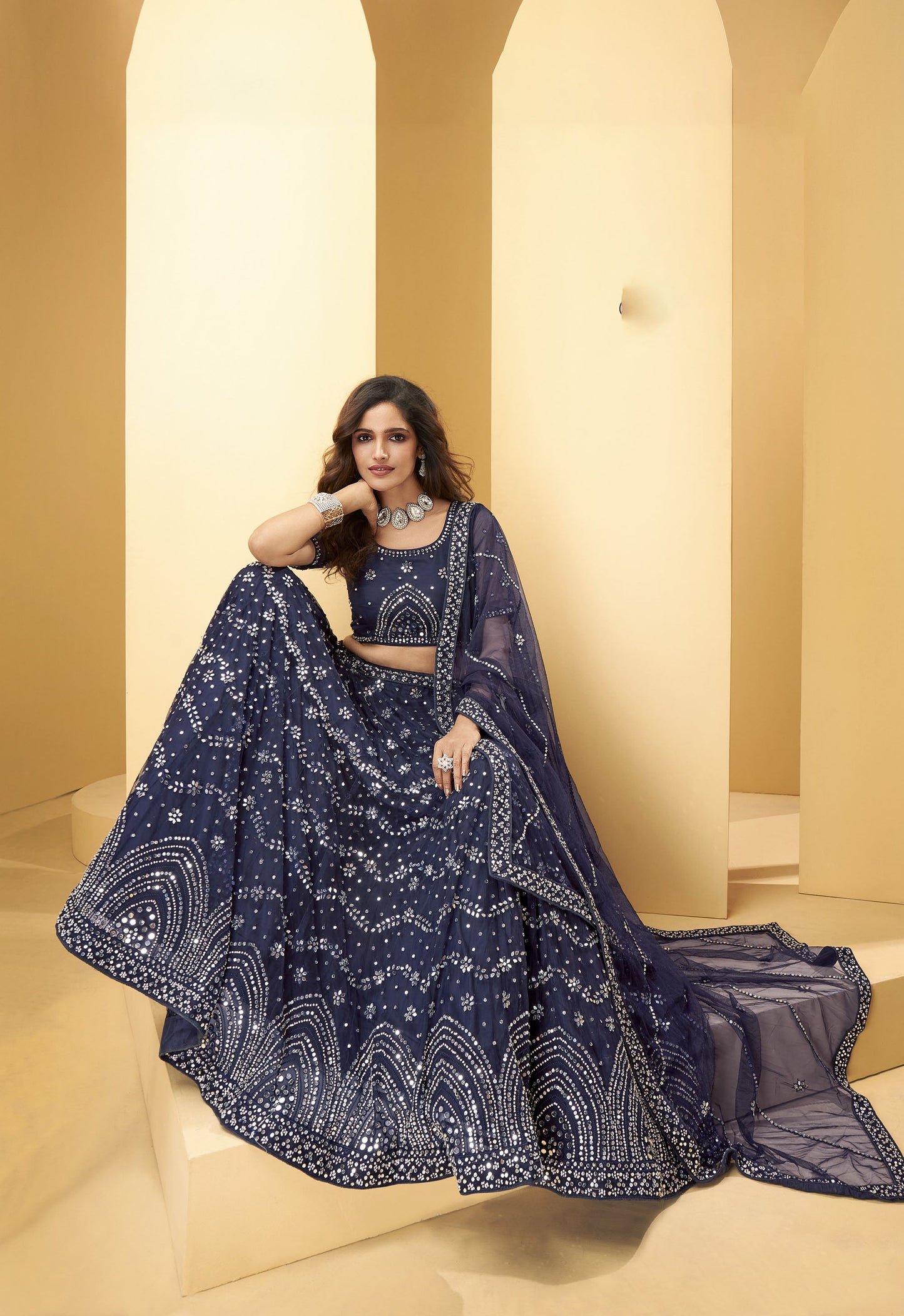 Blue Color Mirror Embroidered Net Lehenga