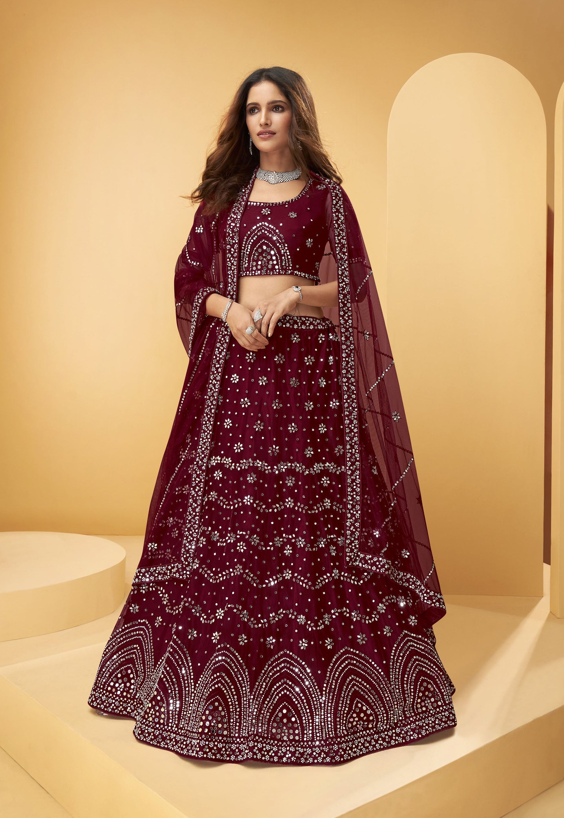 Maroon Color Mirror Embroidered Net Lehenga