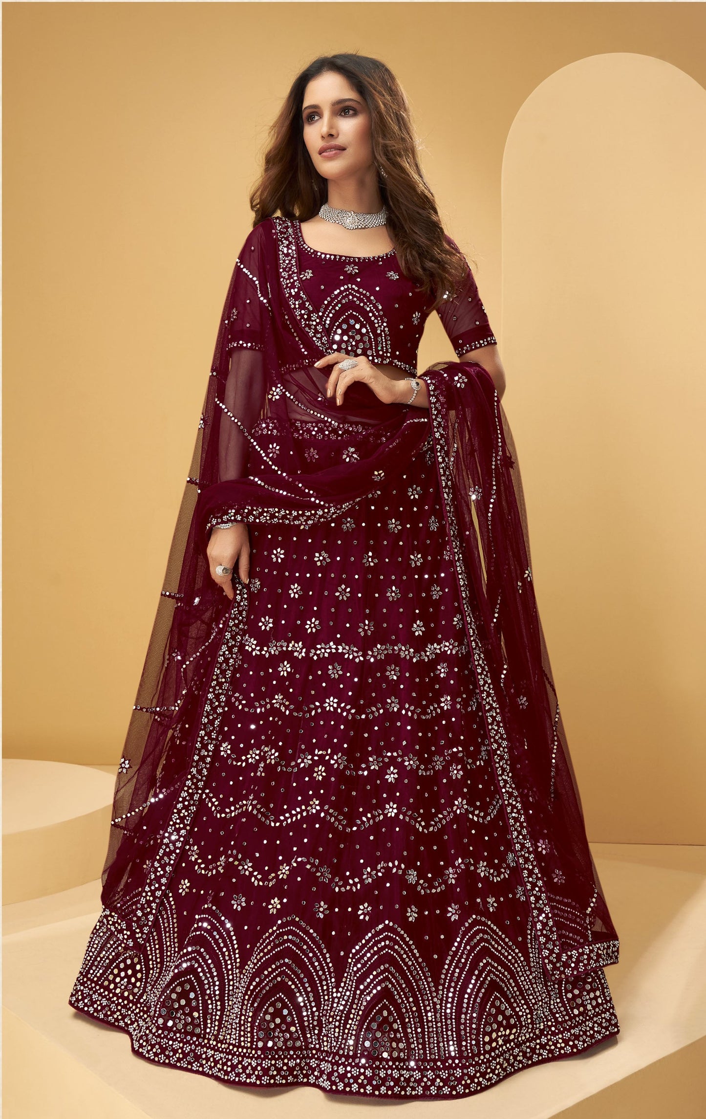 Maroon Color Mirror Embroidered Net Lehenga