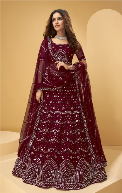 Maroon Color Mirror Embroidered Net Lehenga