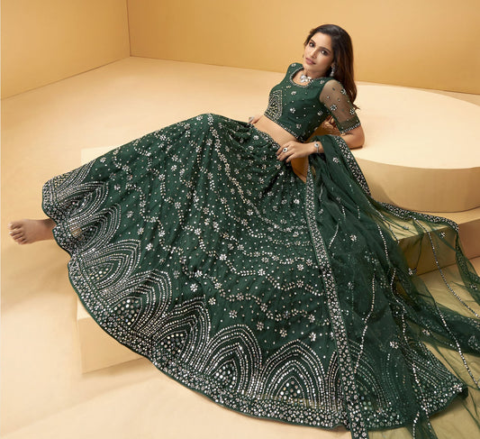 Green Color Mirror Embroidered Net Lehenga