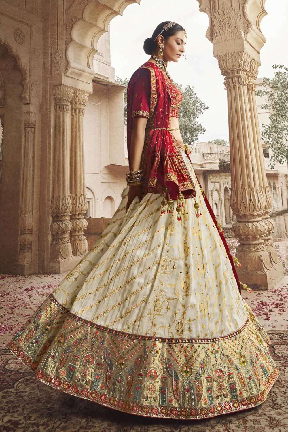 Embroidered Silk Bridal Lehenga with Double Chunni in off white color- –  Saundaryam Fashions