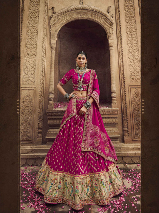 Hot Pink Silk Heavy Embroidered Bridal Lehenga Choli - Rent