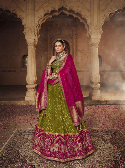 Olive Green and Pink Silk Heavy Embroidered Lehenga Choli - Rent