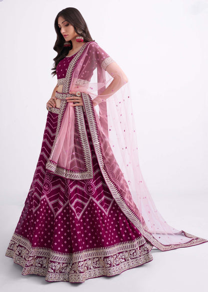 Magenta Pink Zarkan Embroidery Net Bridesmaid Lehenga