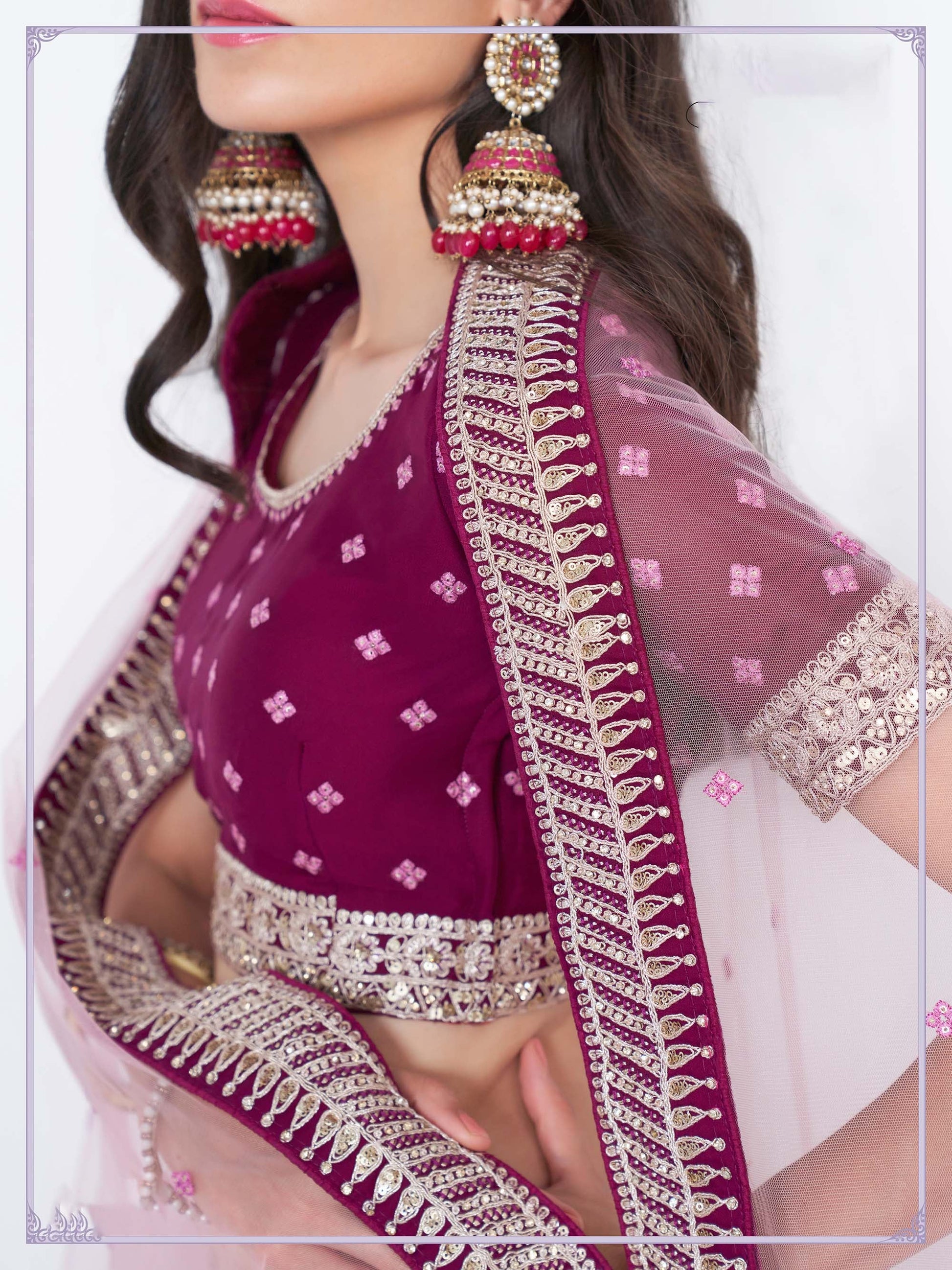 Magenta Pink Zarkan Embroidery Net Bridesmaid Lehenga