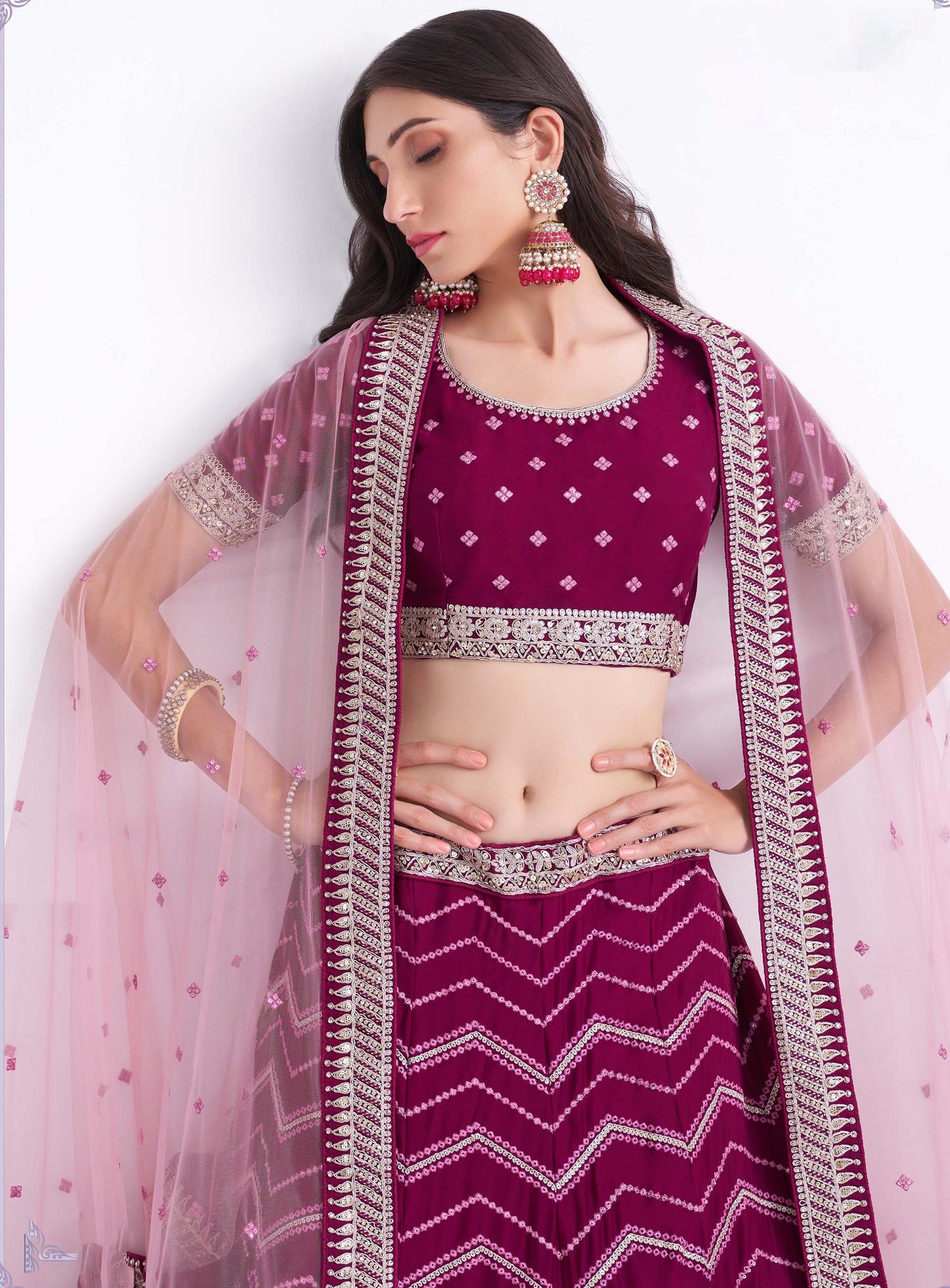 Magenta Pink Zarkan Embroidery Net Bridesmaid Lehenga