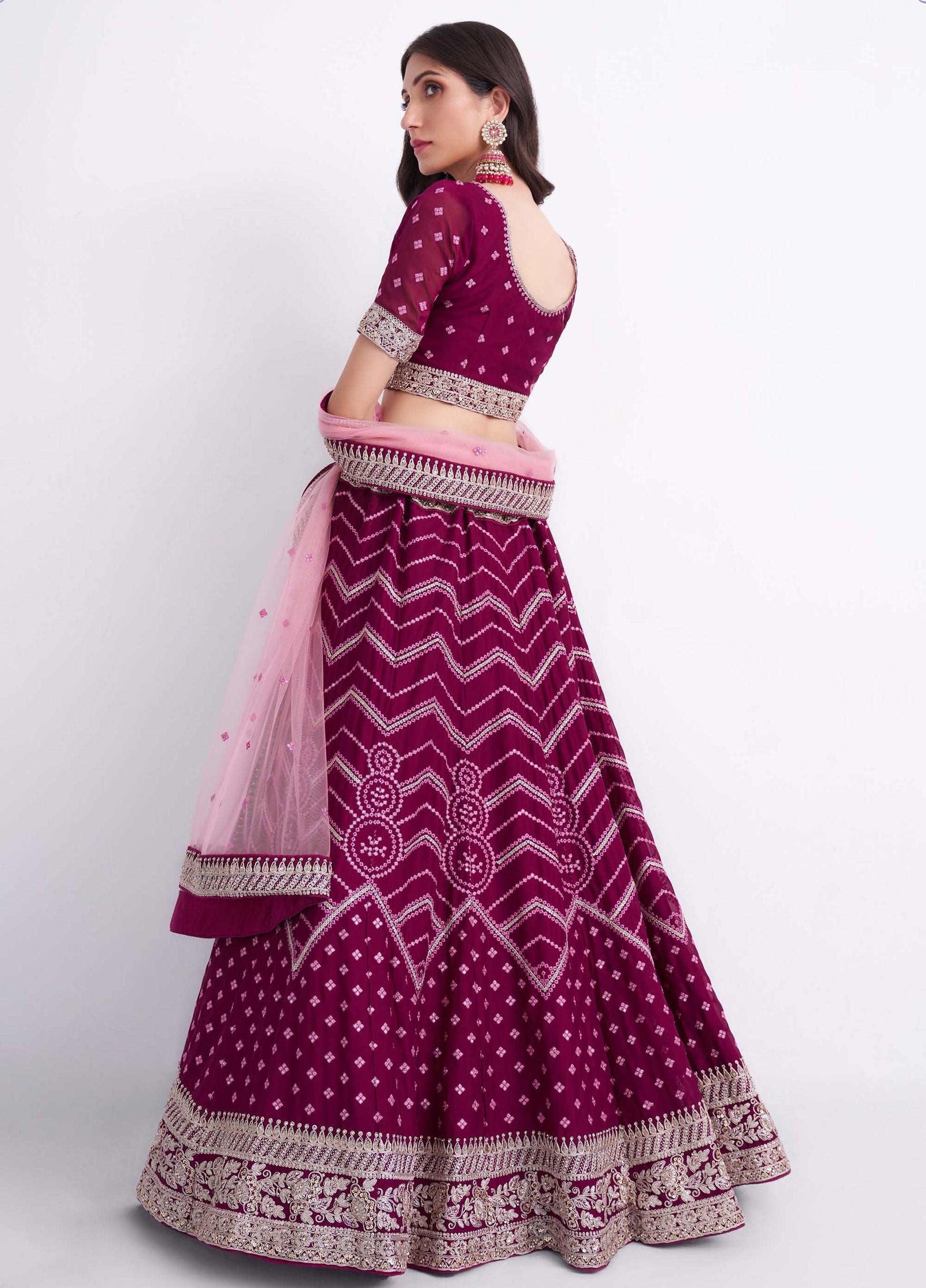 Magenta Pink Zarkan Embroidery Net Bridesmaid Lehenga