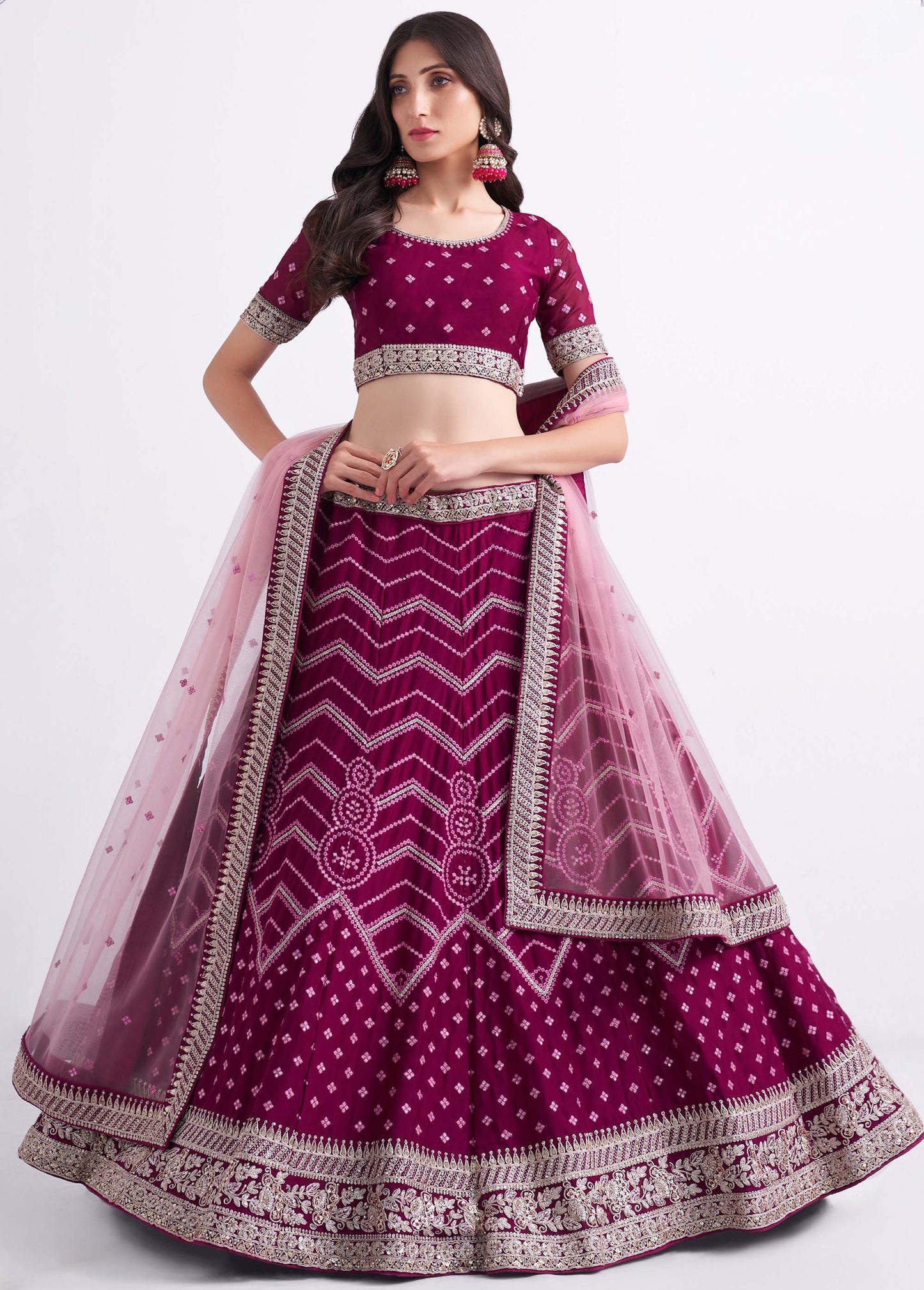 Magenta Pink Zarkan Embroidery Net Bridesmaid Lehenga