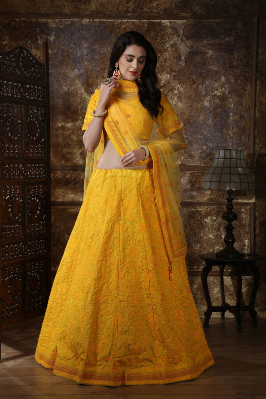 Yellow Georgette Resham Embroidery Lehenga