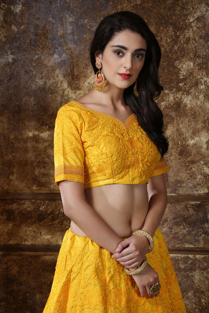 Yellow Georgette Resham Embroidery Lehenga